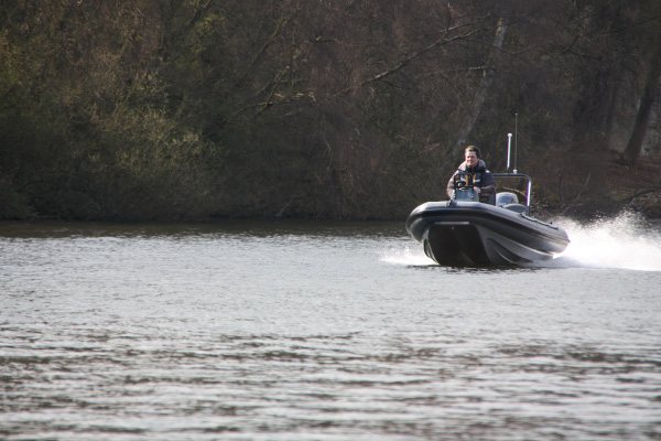 High speed pass. Lake testing on glass flat water is the ideal method for development work as it shows up any error in component or set up.