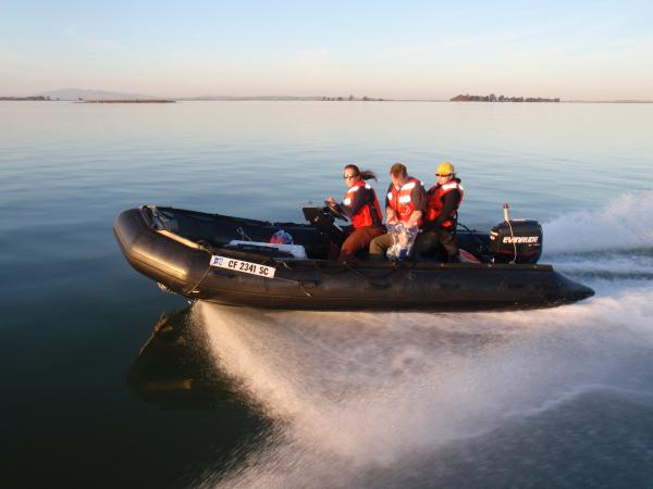 Sacramento River.
That zodiac rib comes apart and stacks on a pallet.
Even the hull.
The console can be moved fore and aft on rails so you can ballast it to suit your needs.