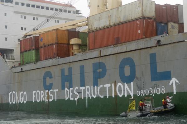 Painting of a shipment of timber illegally cut in Congo.
European timber import regs were updated after this activity. The harbor master and pilot assisted us in preventing the ship from delivering its load.