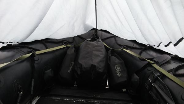 SealLine bags with equipment all clipped in, looking pretty clean.