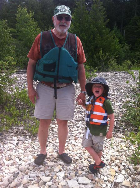 My son Finn and Grandpa George - Frying Pan Island Lake Huron